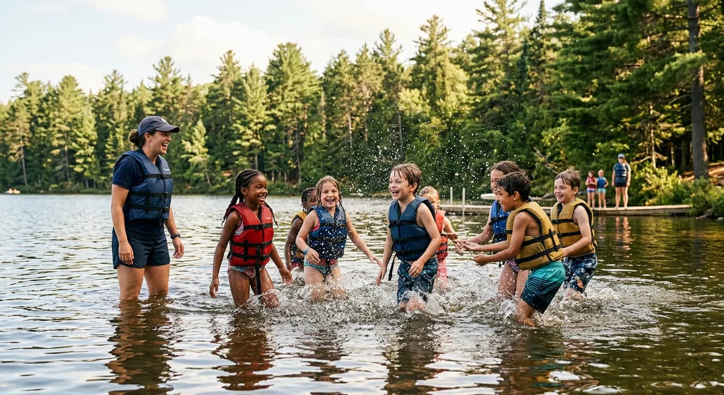 Participantes con chaleco salvavidas jugando en un lago supervisados por una guía