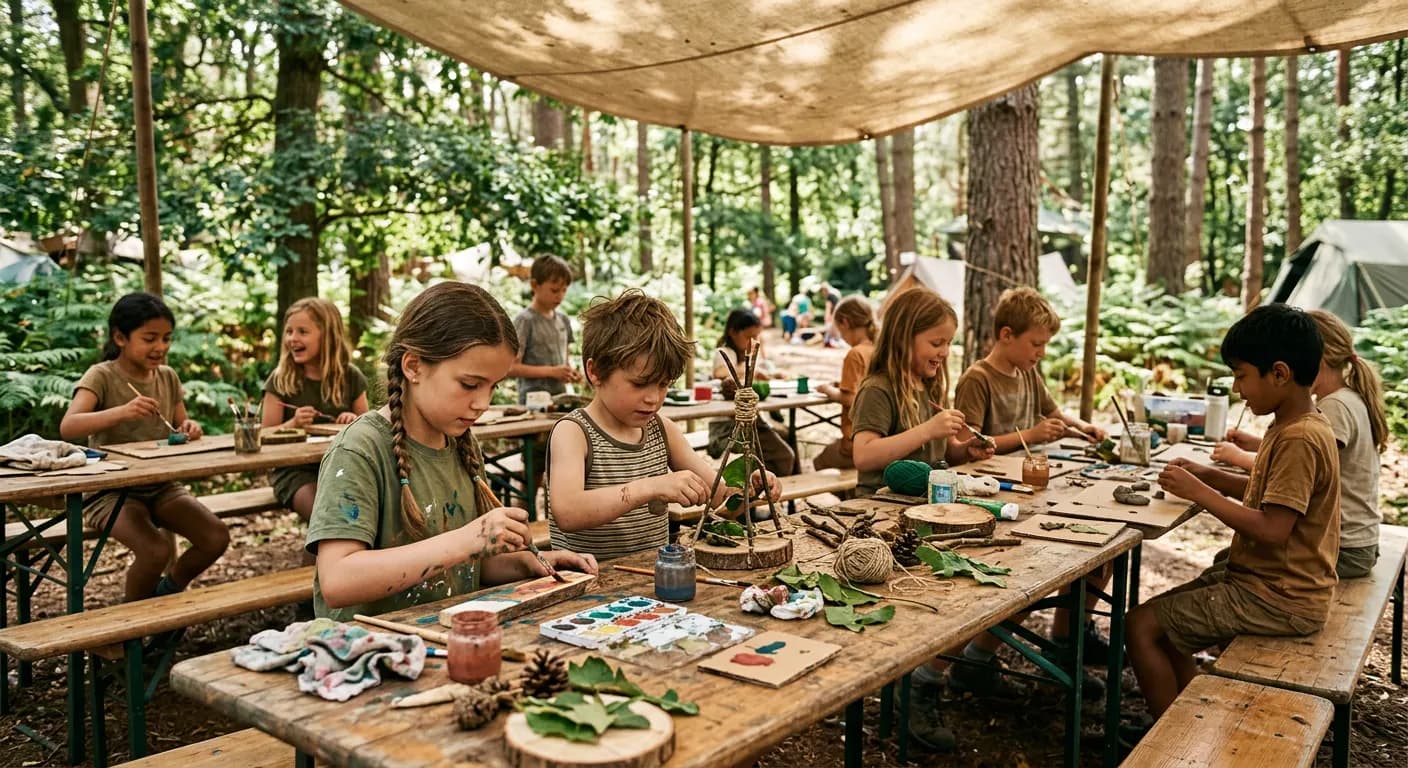 Niñas y niños realizando manualidades con materiales naturales bajo una lona