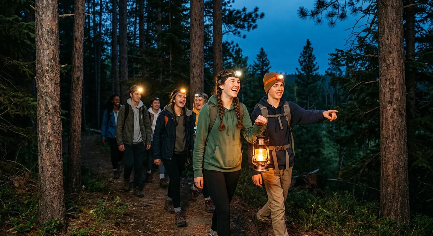 Grupo de jóvenes con linternas caminando por el bosque al anochecer