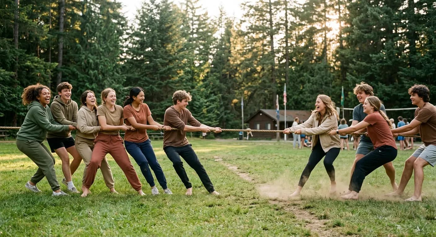 Grupo de jóvenes jugando a jalar la cuerda en un campo rodeado de bosque